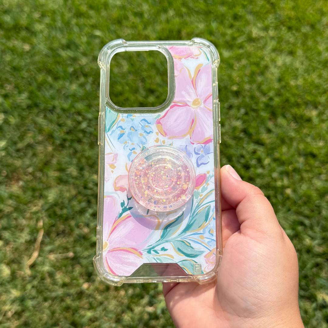 iPhone 14 Pro - Flowers con holder de brillos